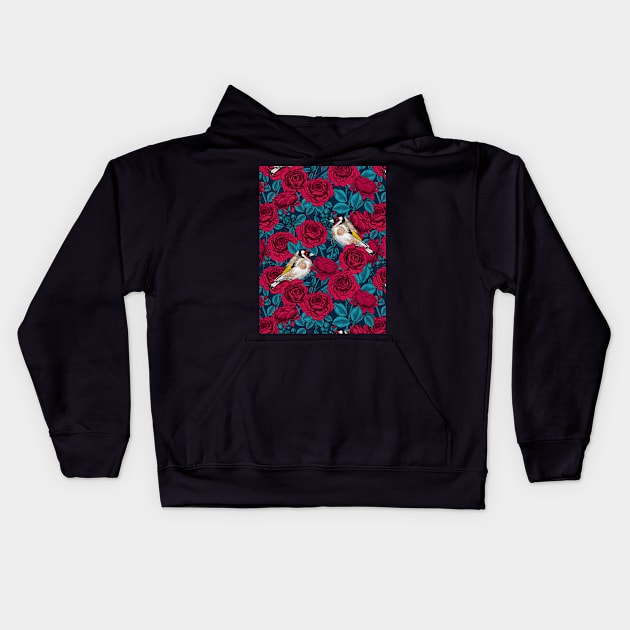 Red rose flowers and goldfinch birds Kids Hoodie by katerinamk